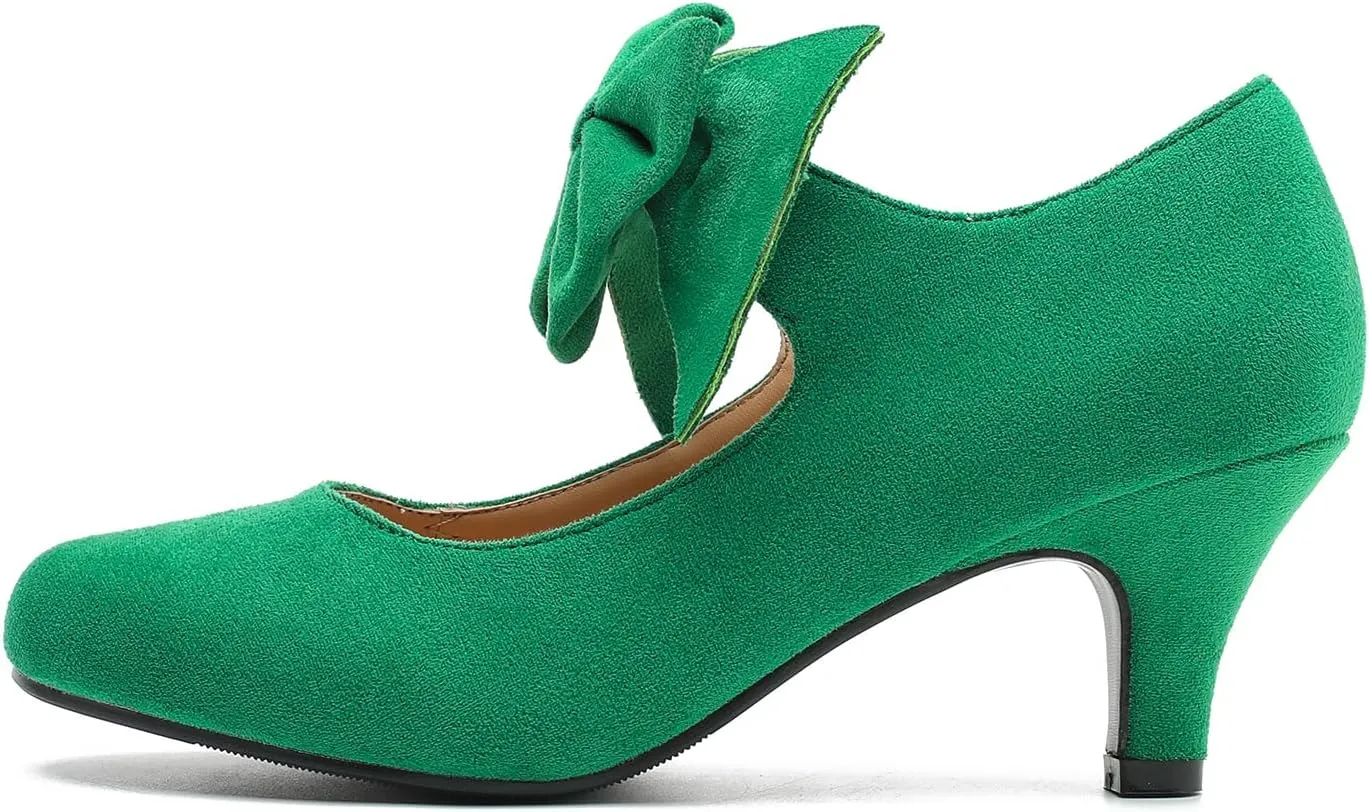 Women's Bow Mary Jane Kitten Heels Pumps Round Toe Low Heels Ankle Strap Dress Evening Party Shoes