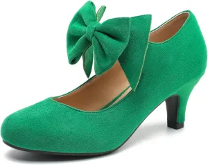 Women's Bow Mary Jane Kitten Heels Pumps Round Toe Low Heels Ankle Strap Dress Evening Party Shoes