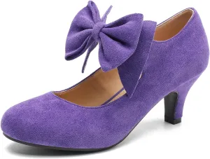 Women's Bow Mary Jane Kitten Heels Pumps Round Toe Low Heels Ankle Strap Dress Evening Party Shoes