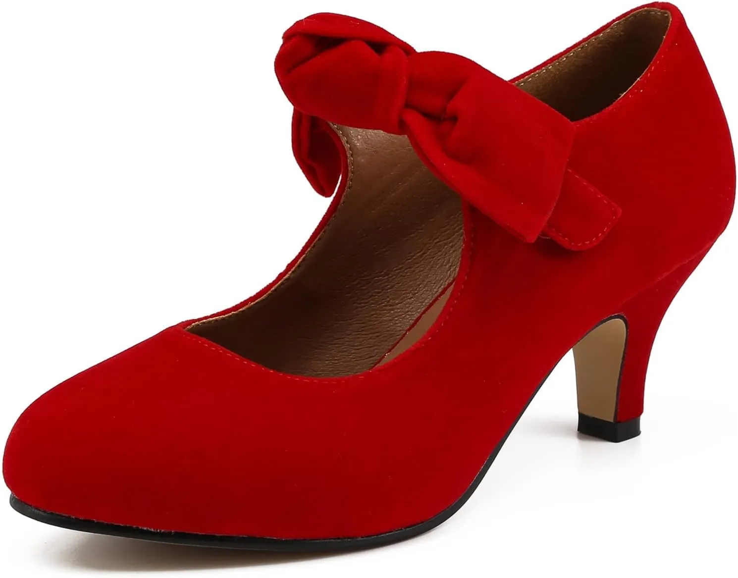 Women's Bow Mary Jane Kitten Heels Pumps Round Toe Low Heels Ankle Strap Wedding Dress Evening Party Shoes