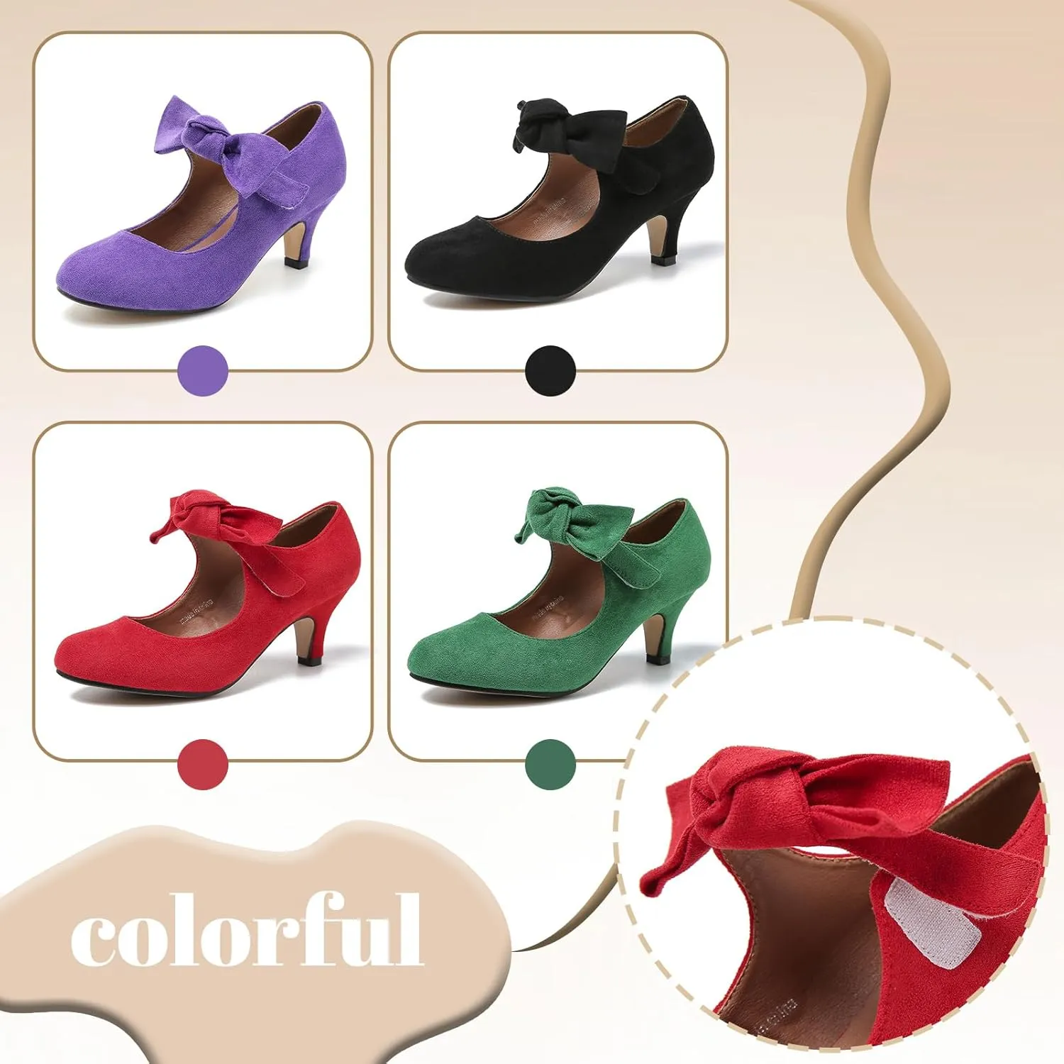 Women's Bow Mary Jane Kitten Heels Pumps Round Toe Low Heels Ankle Strap Wedding Dress Evening Party Shoes
