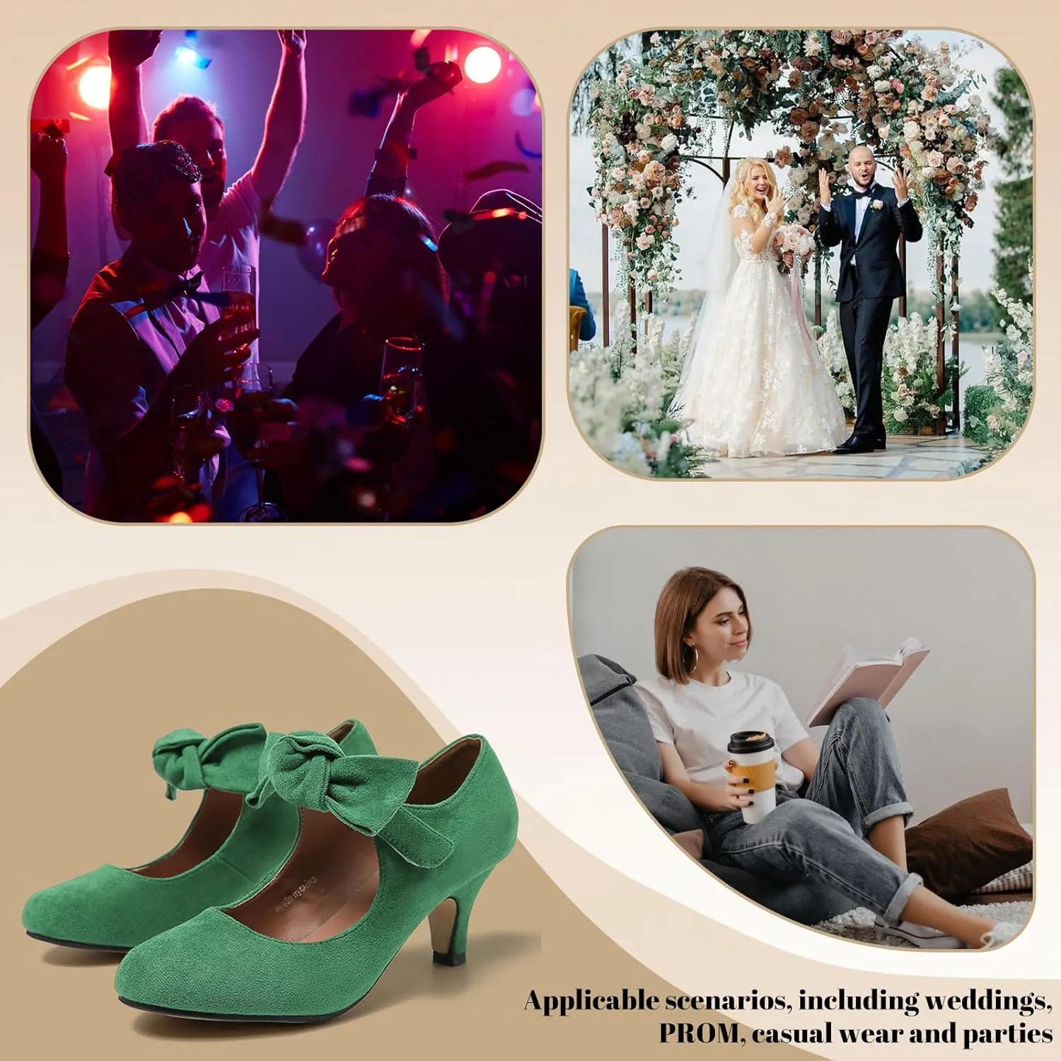 Women's Bow Mary Jane Kitten Heels Pumps Round Toe Low Heels Ankle Strap Wedding Dress Evening Party Shoes