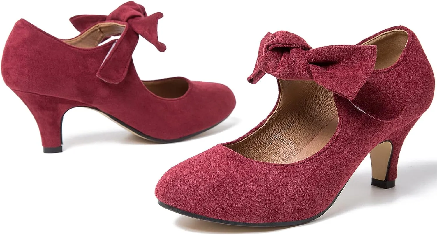 Women's Bow Mary Jane Kitten Heels Pumps Round Toe Low Heels Ankle Strap Wedding Dress Evening Party Shoes