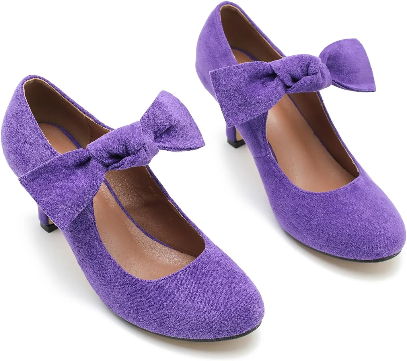 Women's Bow Mary Jane Kitten Heels Pumps Round Toe Low Heels Ankle Strap Wedding Dress Evening Party Shoes