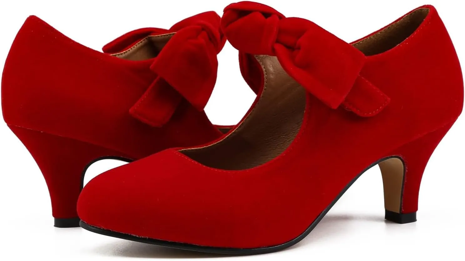 Women's Bow Mary Jane Kitten Heels Pumps Round Toe Low Heels Ankle Strap Wedding Dress Evening Party Shoes