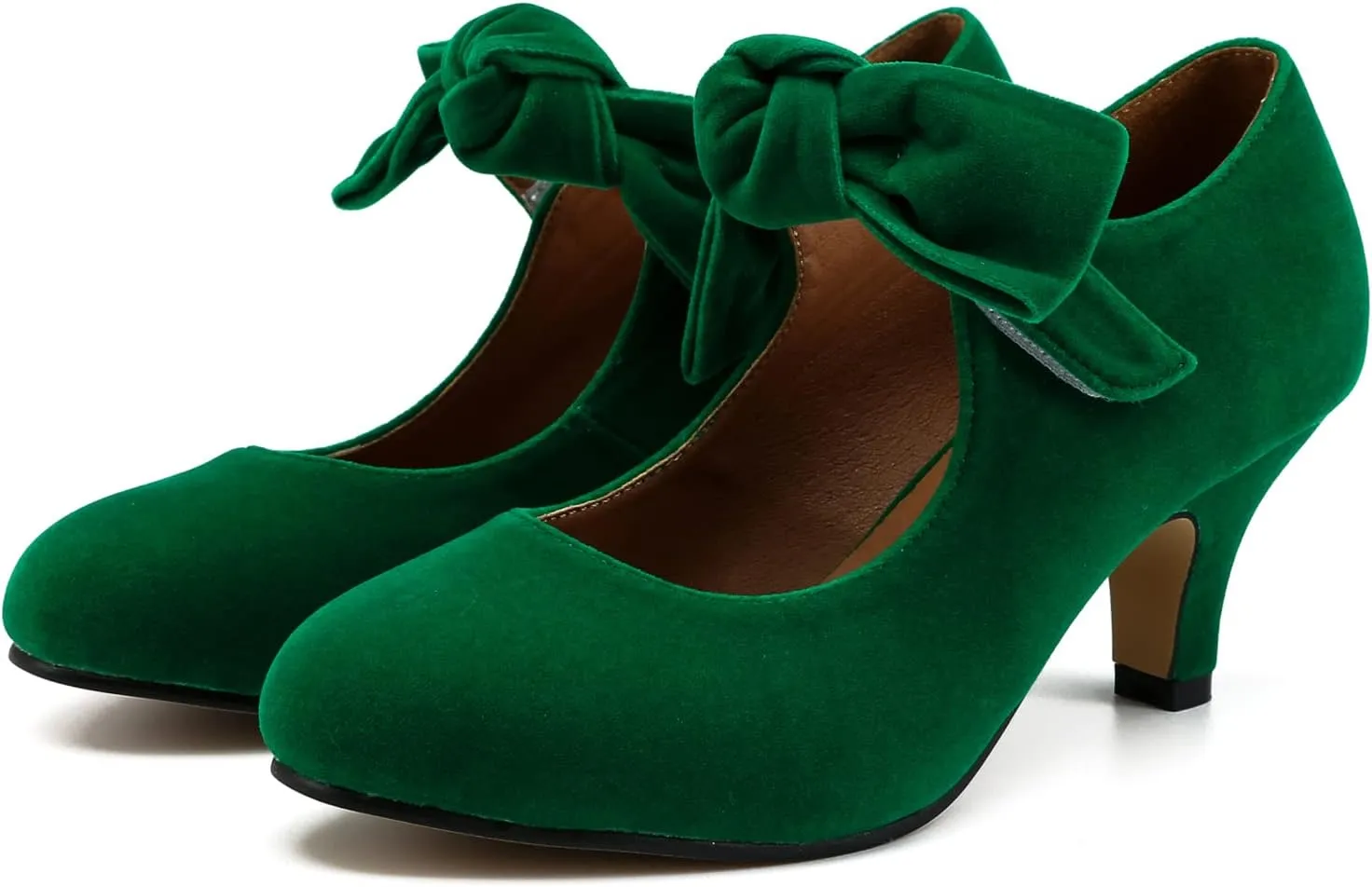 Women's Bow Mary Jane Kitten Heels Pumps Round Toe Low Heels Ankle Strap Wedding Dress Evening Party Shoes
