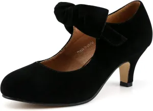 Women's Bow Mary Jane Kitten Heels Pumps Round Toe Low Heels Ankle Strap Wedding Dress Evening Party Shoes