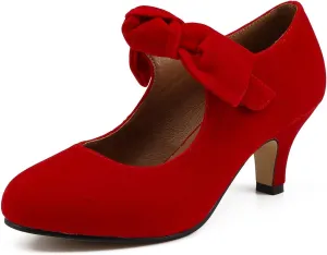 Women's Bow Mary Jane Kitten Heels Pumps Round Toe Low Heels Ankle Strap Wedding Dress Evening Party Shoes