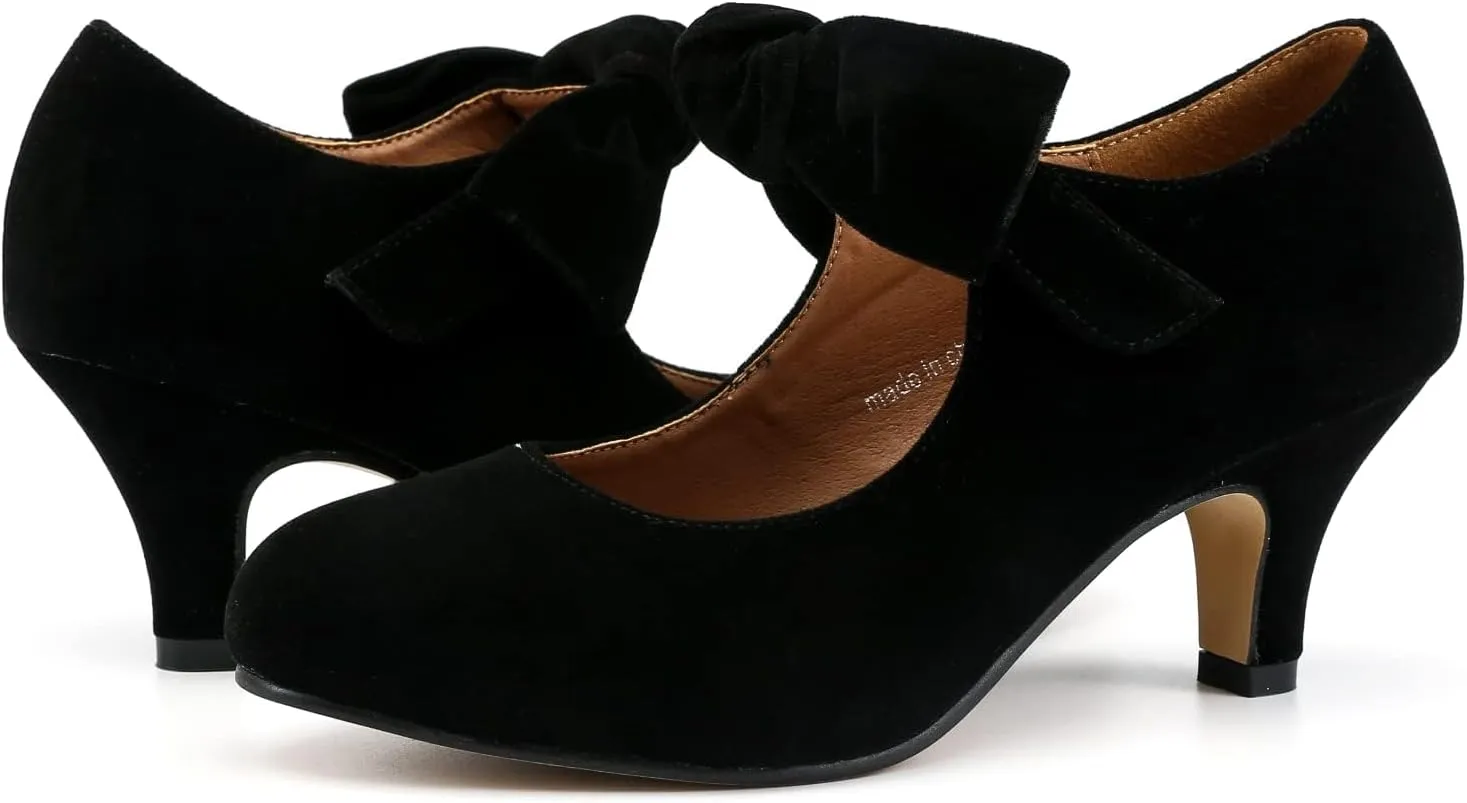 Women's Bow Mary Jane Kitten Heels Pumps Round Toe Low Heels Ankle Strap Wedding Dress Evening Party Shoes