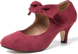 Women's Bow Mary Jane Kitten Heels Pumps Round Toe Low Heels Ankle Strap Wedding Dress Evening Party Shoes