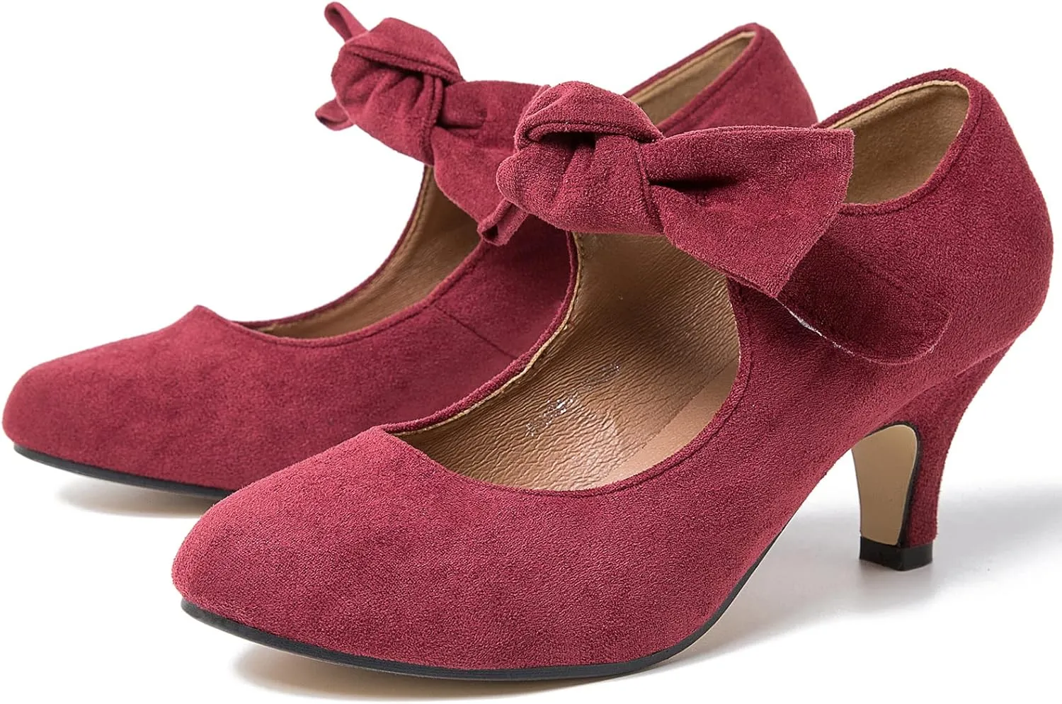Women's Bow Mary Jane Kitten Heels Pumps Round Toe Low Heels Ankle Strap Wedding Dress Evening Party Shoes