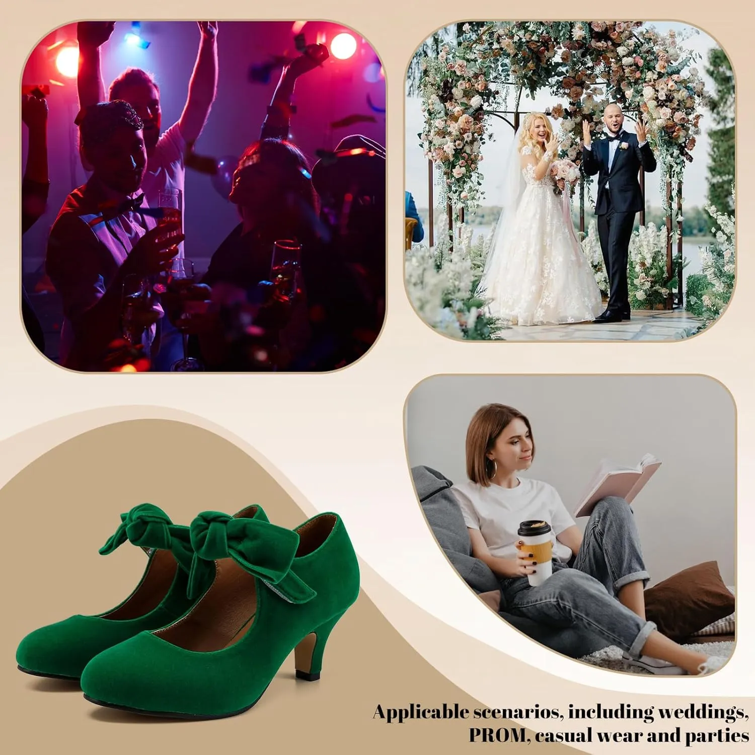 Women's Bow Mary Jane Kitten Heels Pumps Round Toe Low Heels Ankle Strap Wedding Dress Evening Party Shoes