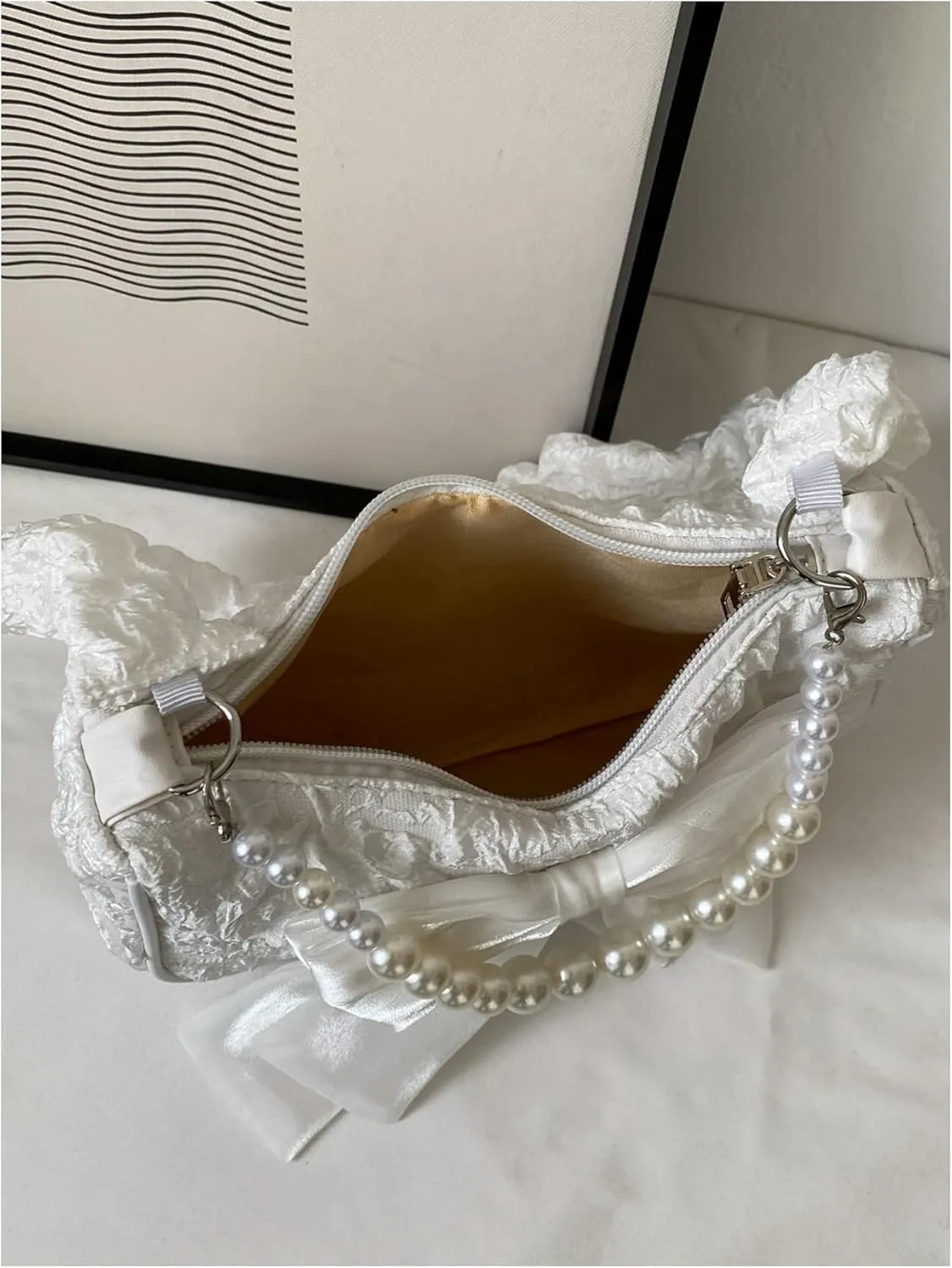 Women's Bowknot Beaded Handbags Zipper Top Y2k Handle Cute Underarm Bags Purse Evening Clutch