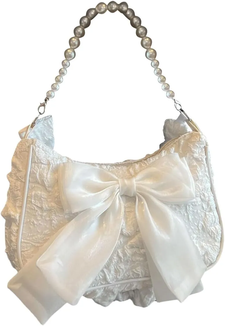 Women's Bowknot Beaded Handbags Zipper Top Y2k Handle Cute Underarm Bags Purse Evening Clutch