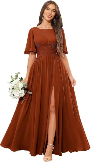Women's Chiffon Bridesmaid Dresses with Slit Scoop Neck Flutter Sleeve Long Formal Wedding Guest Dress with Pockets