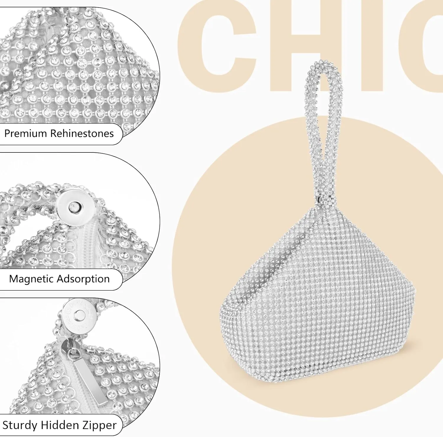Women's Clutch Evening Bag- Mini Size Full Rhinestones Bling Wrist Clutch Purse for Party Wedding Date Night