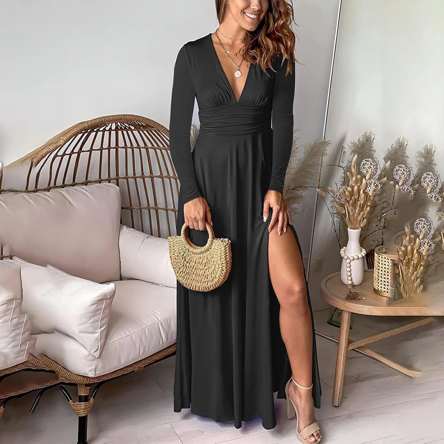 Women's Cocktail Gowns Dresses Fall V-Neck Pleated Elegant Casual Dress Sexy Side Split Club Night Prom Party Dresses