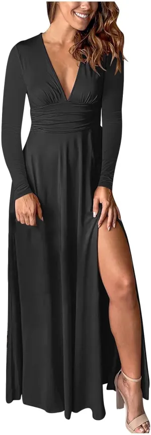 Women's Cocktail Gowns Dresses Fall V-Neck Pleated Elegant Casual Dress Sexy Side Split Club Night Prom Party Dresses