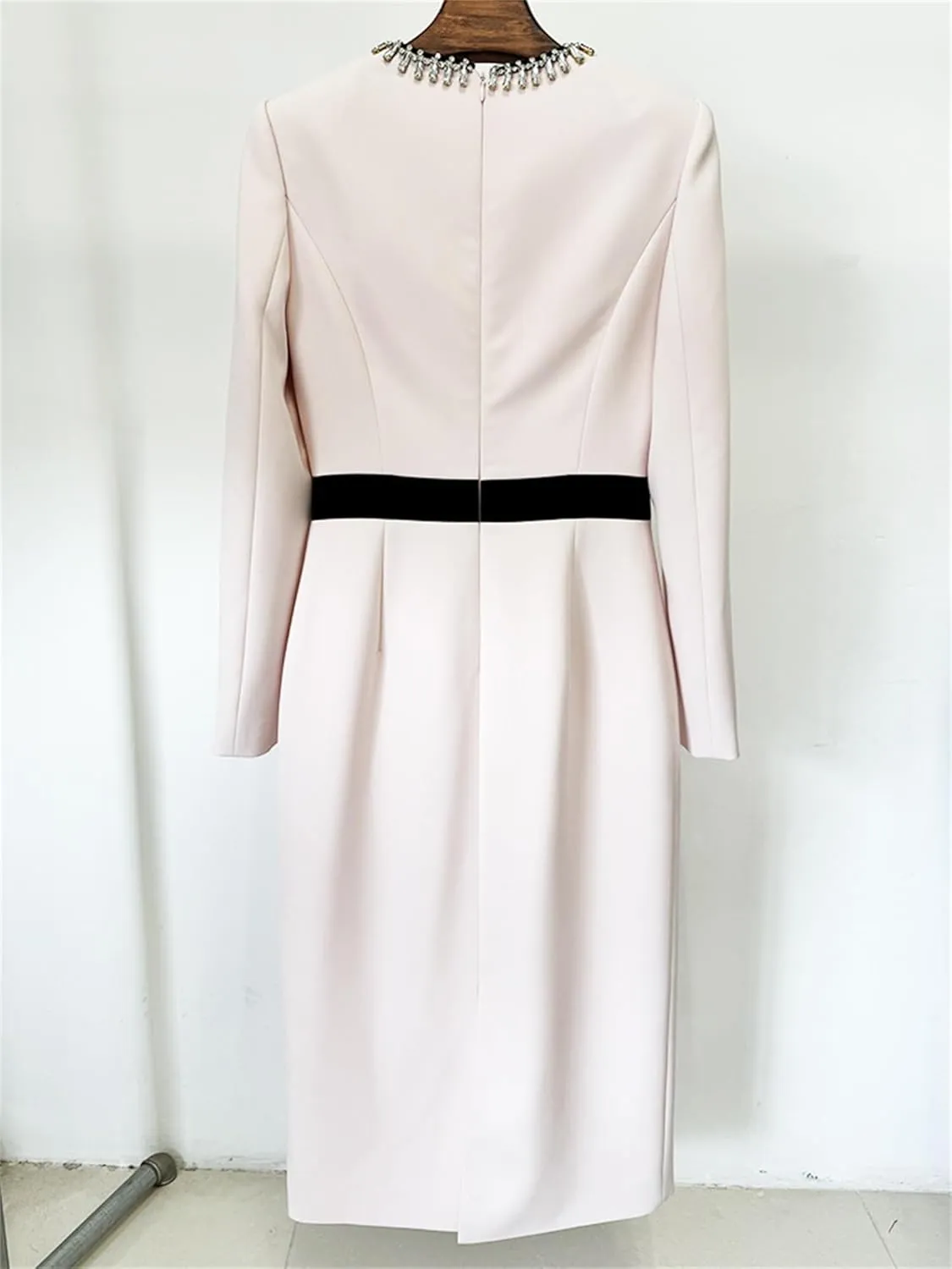 Women's Diamond Sheath Dress O-Neck Long Sleeved Shiny Crystal Midi Dress Elegant Birthday Party Dresses