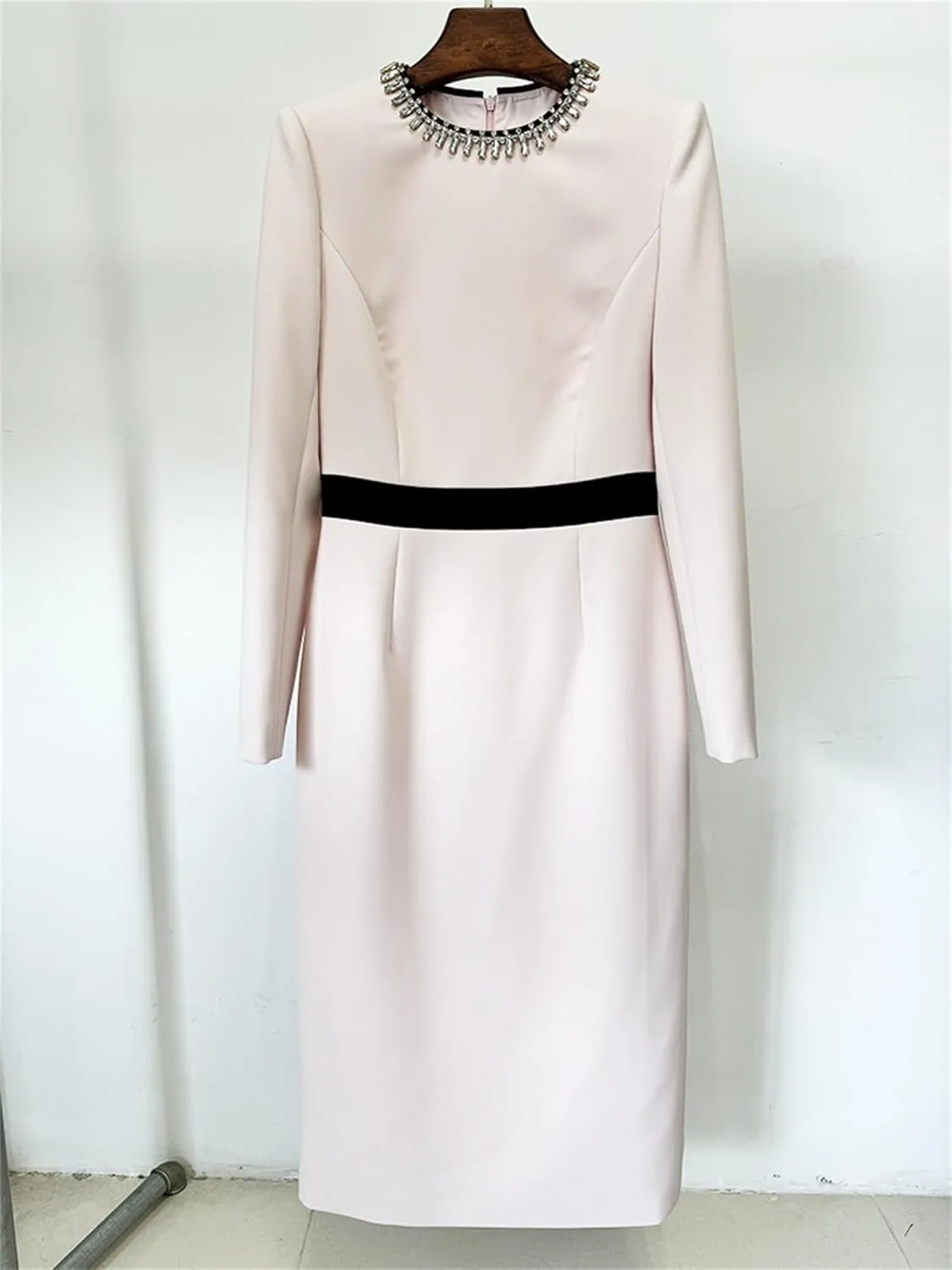 Women's Diamond Sheath Dress O-Neck Long Sleeved Shiny Crystal Midi Dress Elegant Birthday Party Dresses