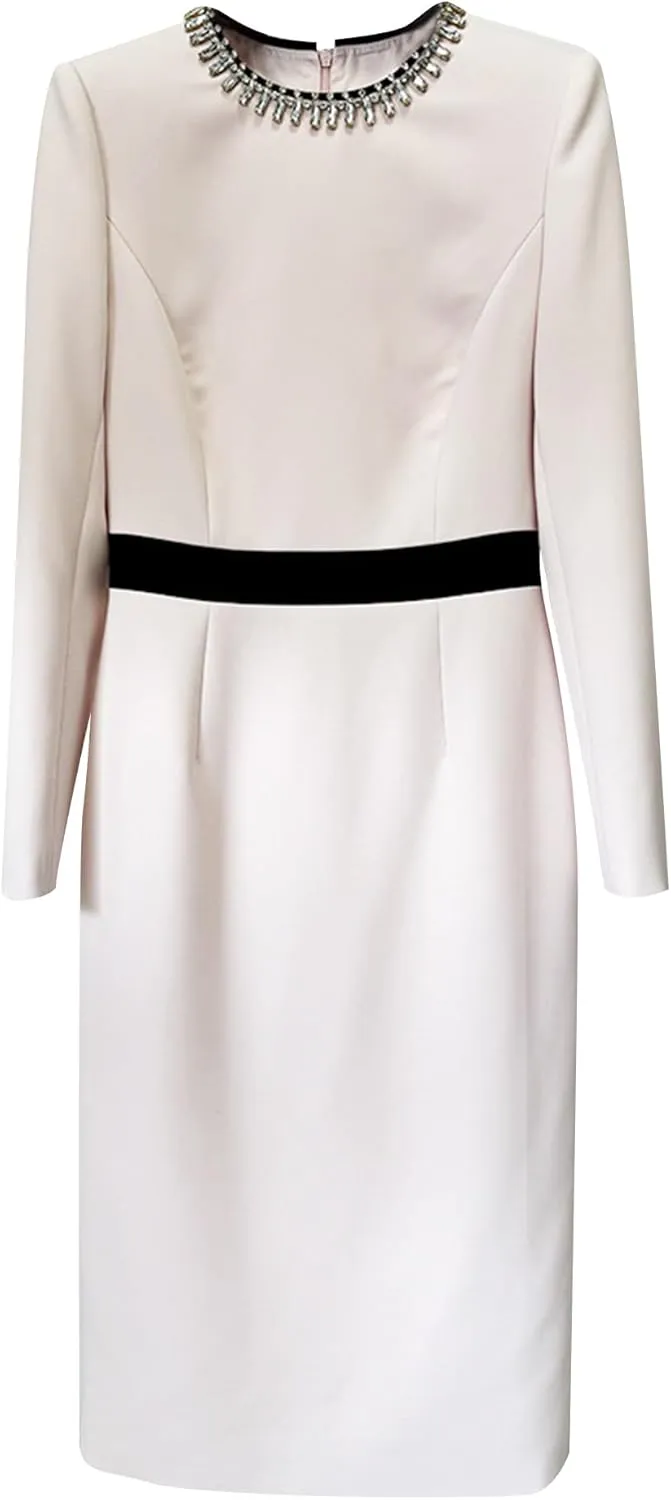 Women's Diamond Sheath Dress O-Neck Long Sleeved Shiny Crystal Midi Dress Elegant Birthday Party Dresses