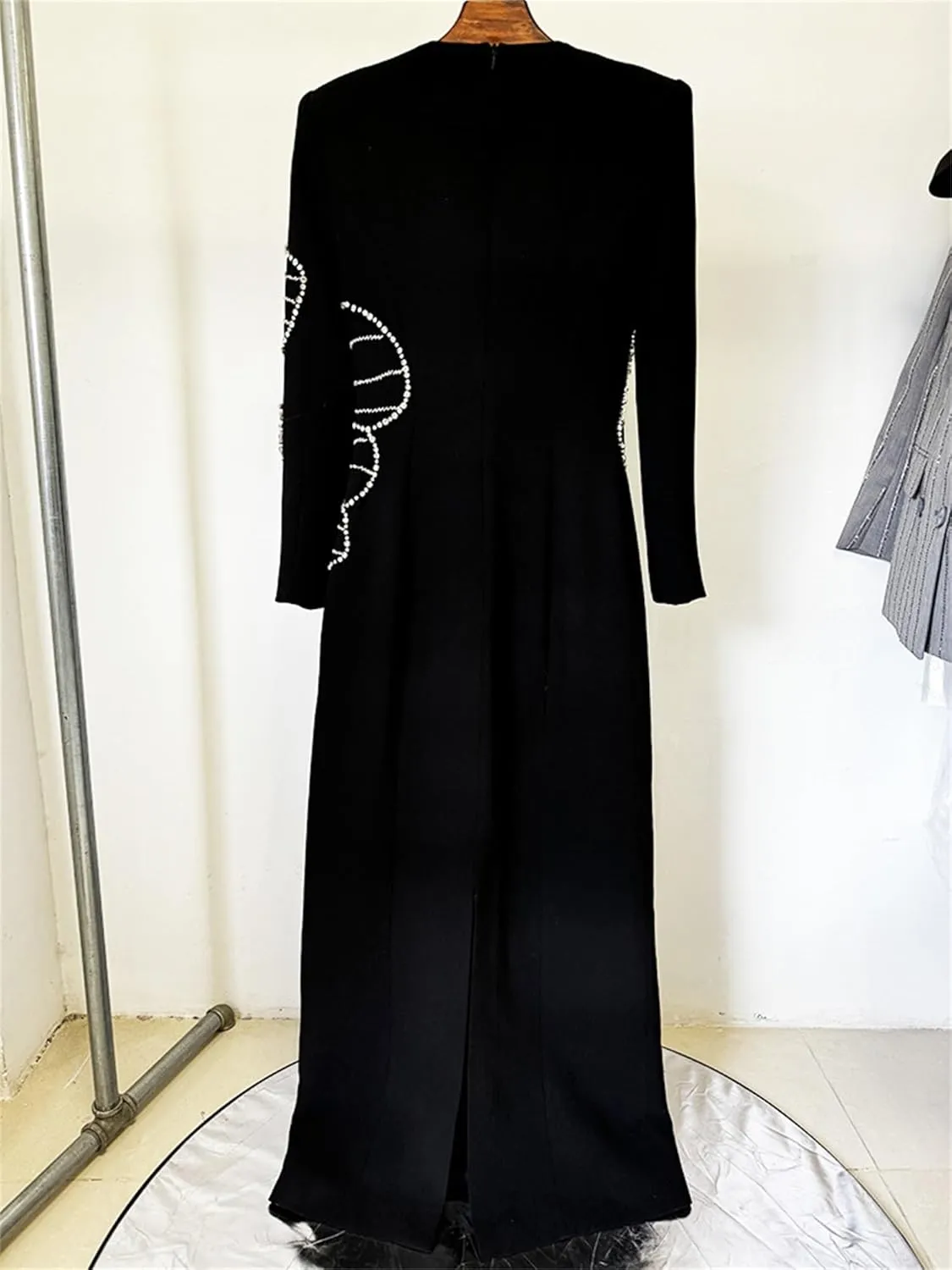 Women's Elegant Prom Long Dress O-Neck Diamonds Beaded Long Sleeve 2025 Female Evening Party Dresses