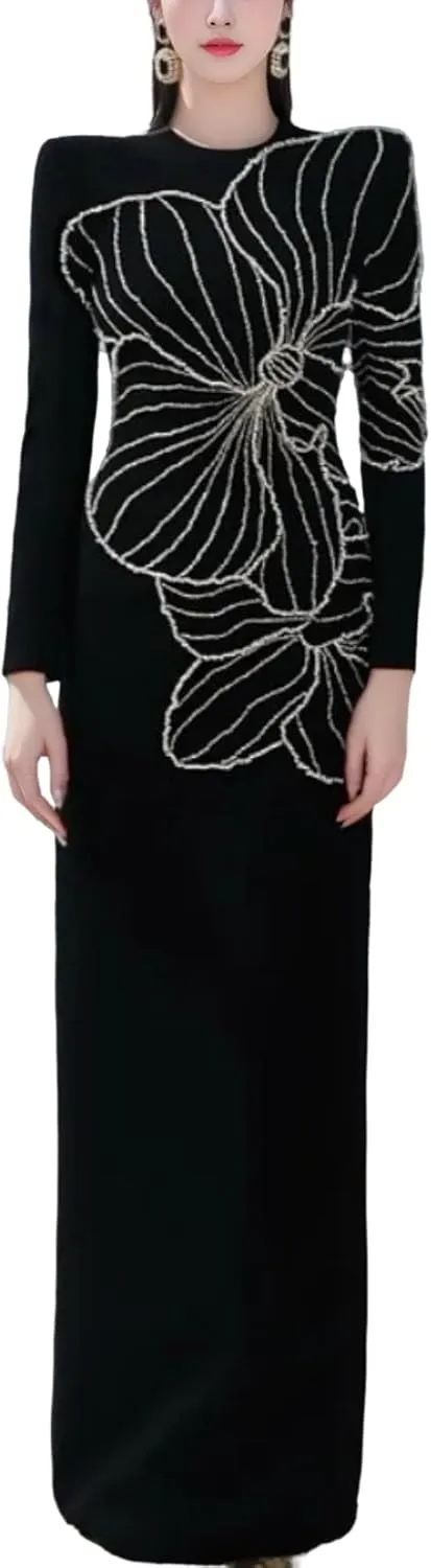 Women's Elegant Prom Long Dress O-Neck Diamonds Beaded Long Sleeve 2025 Female Evening Party Dresses