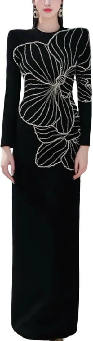 Women's Elegant Prom Long Dress O-Neck Diamonds Beaded Long Sleeve 2025 Female Evening Party Dresses