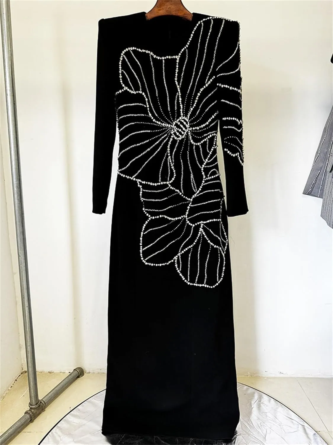 Women's Elegant Prom Long Dress O-Neck Diamonds Beaded Long Sleeve 2025 Female Evening Party Dresses