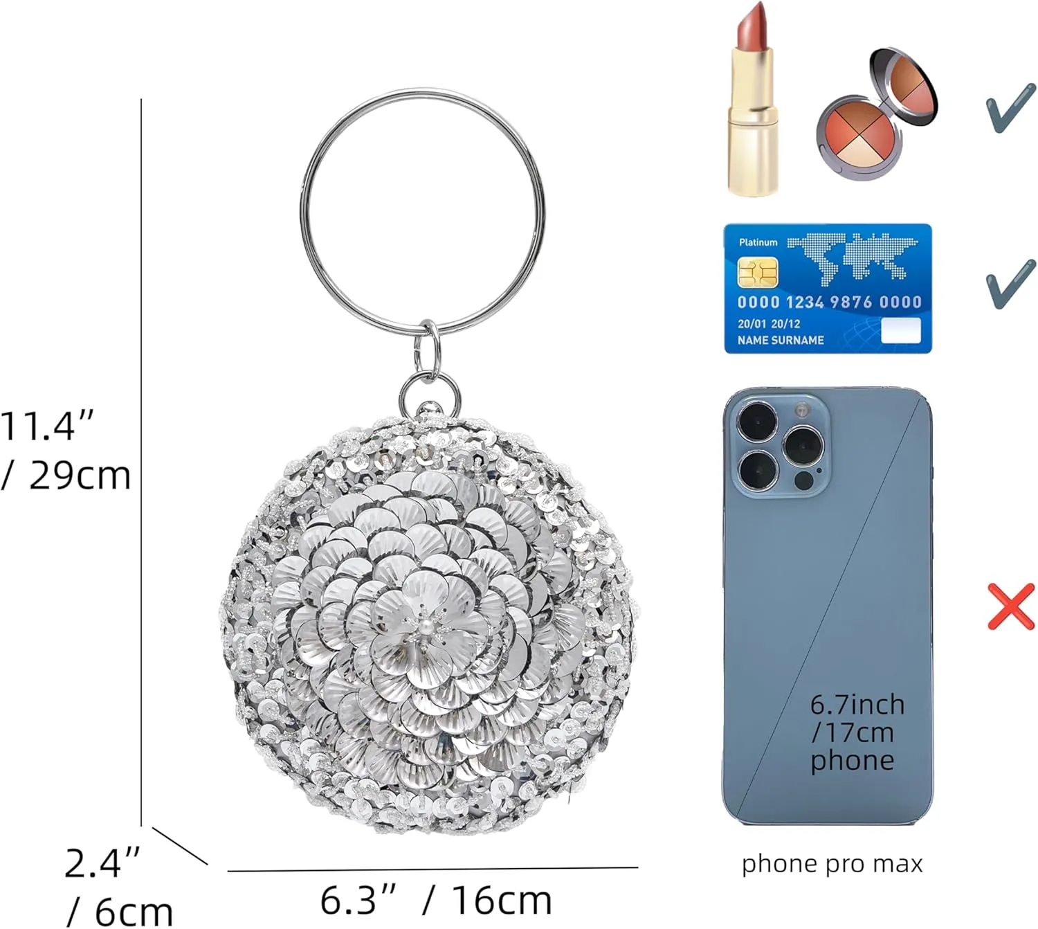 Women's Elegant Round Beaded Floral Sequin Evening Bag for Weddings, Parties, Formal Events and Outings