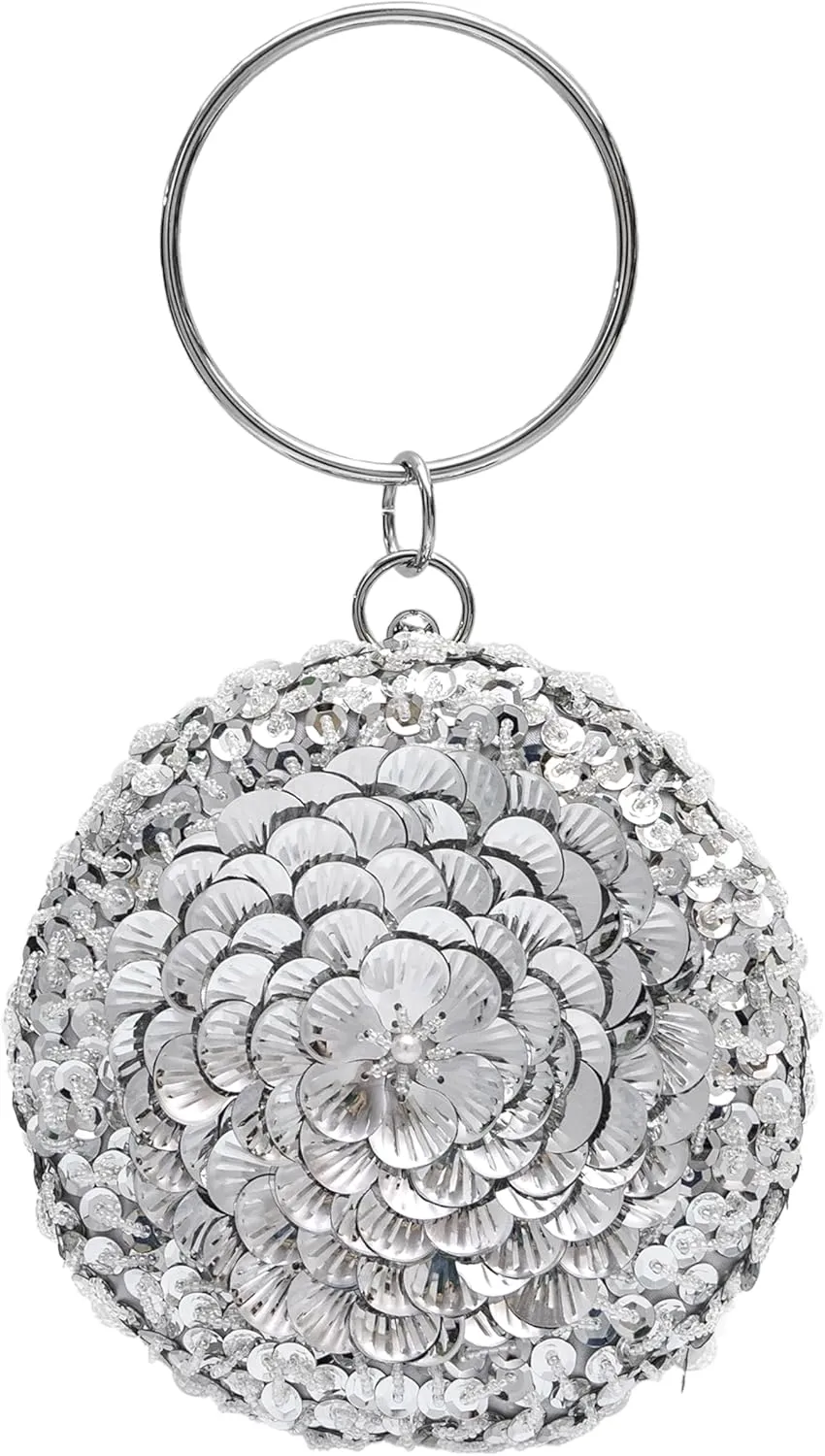 Women's Elegant Round Beaded Floral Sequin Evening Bag for Weddings, Parties, Formal Events and Outings