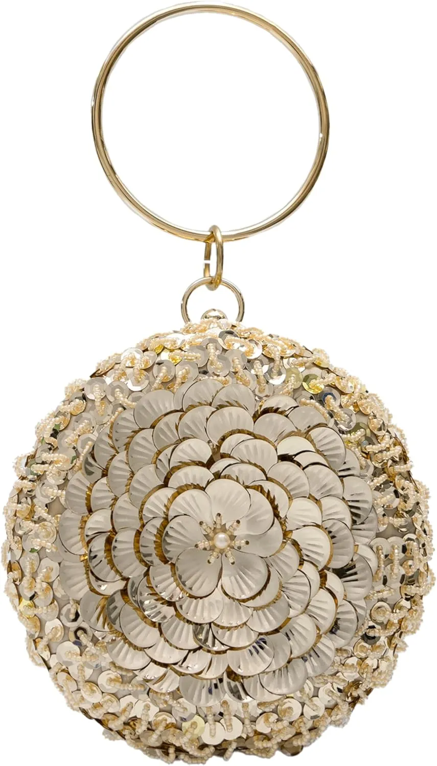 Women's Elegant Round Beaded Floral Sequin Evening Bag for Weddings, Parties, Formal Events and Outings