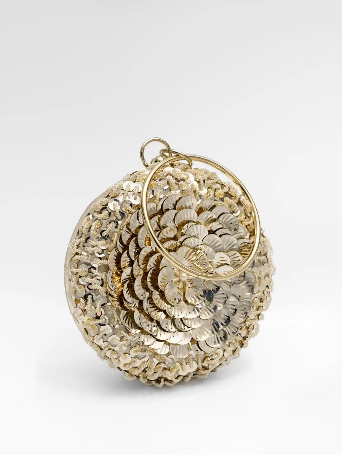 Women's Elegant Round Beaded Floral Sequin Evening Bag for Weddings, Parties, Formal Events and Outings