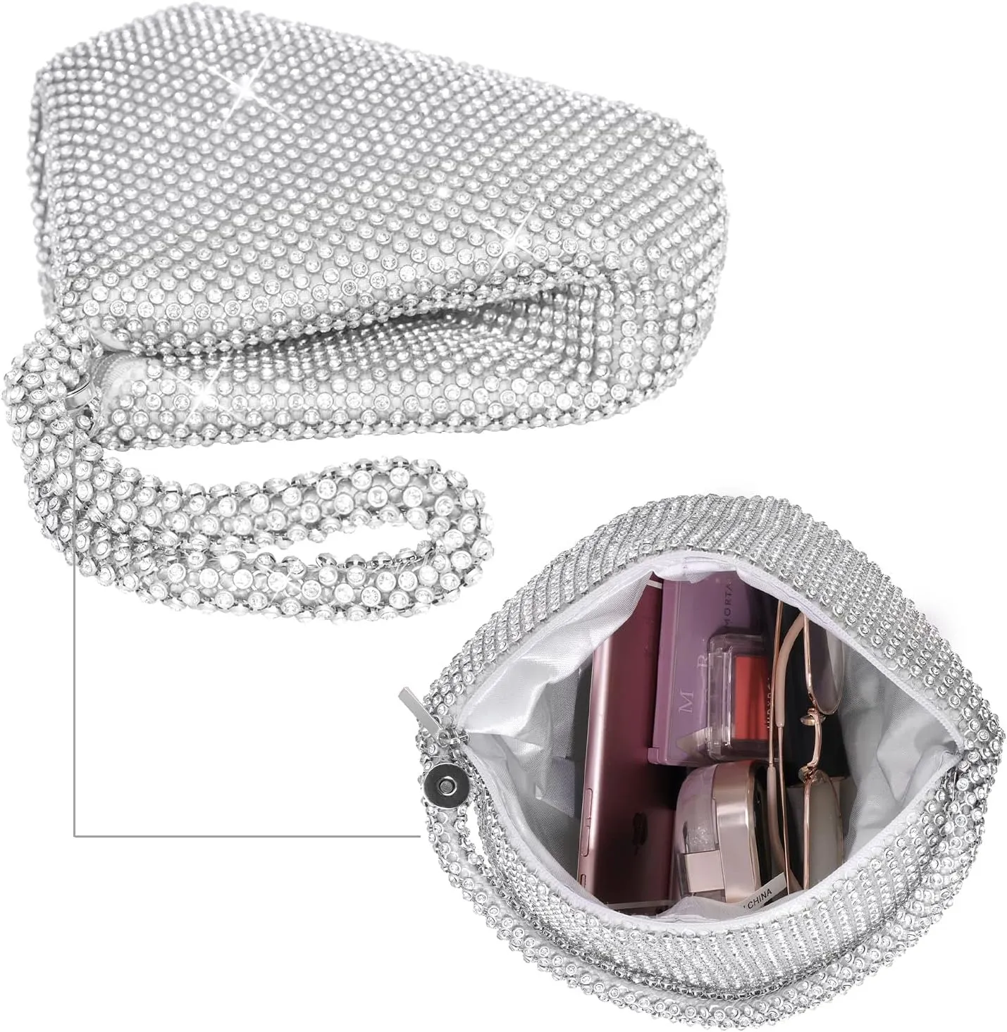 Women's Evening Bag- Upgraded Larger Size Full Rhinestones Bling Wrist Clutch Purse for Party Wedding Date Night