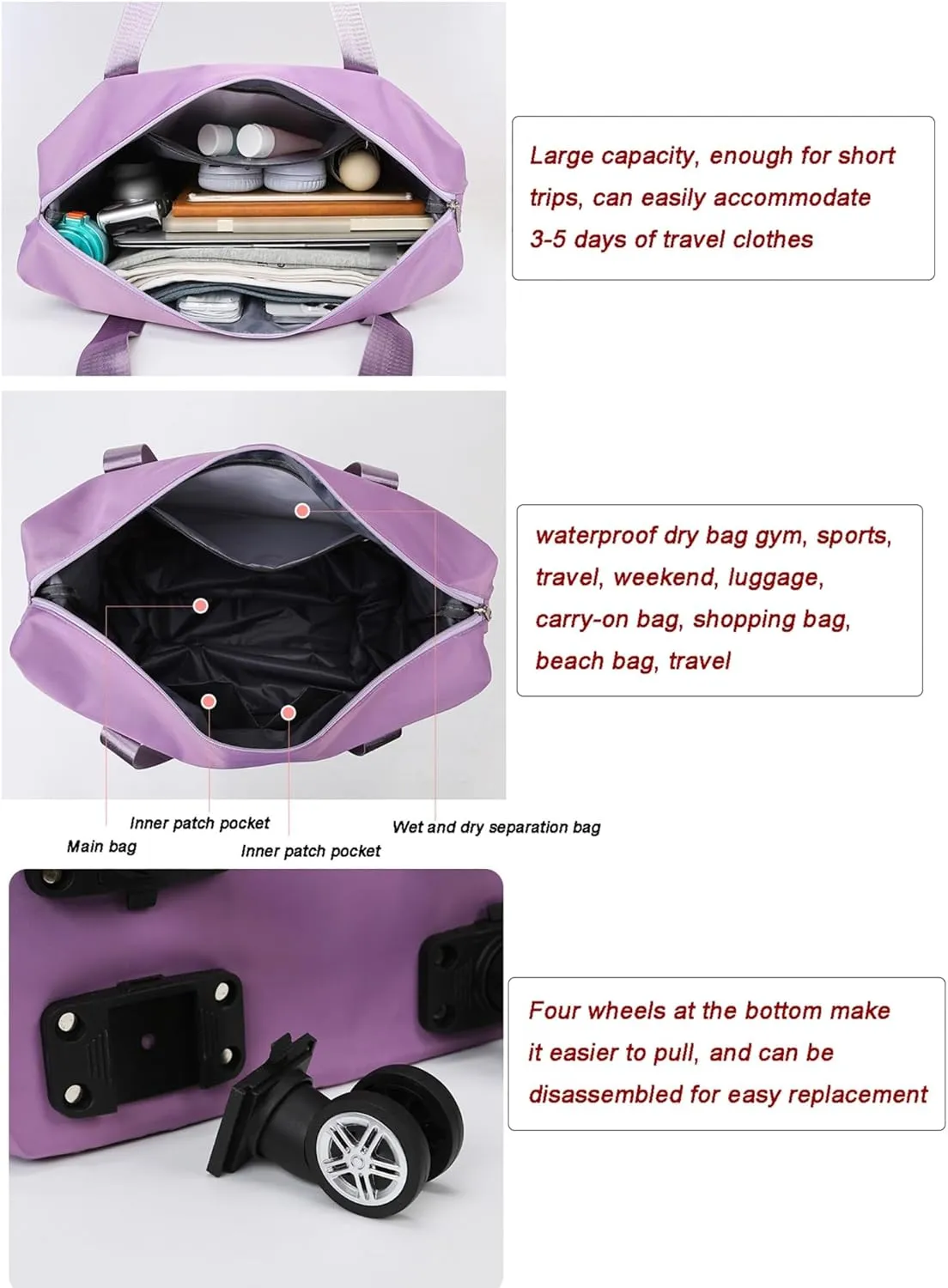 Women's Expandable Wheeled Duffle Bag - Large Capacity with 360° Spinner Wheels & Detachable Packing Cubes, Carry-On Luggage for Short Trips, Gym, Weekend Getaway(Purple)