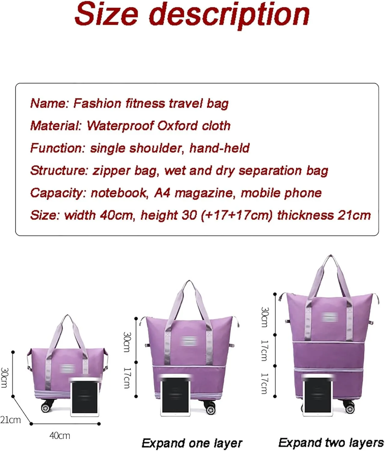 Women's Expandable Wheeled Duffle Bag - Large Capacity with 360° Spinner Wheels & Detachable Packing Cubes, Carry-On Luggage for Short Trips, Gym, Weekend Getaway(Purple)