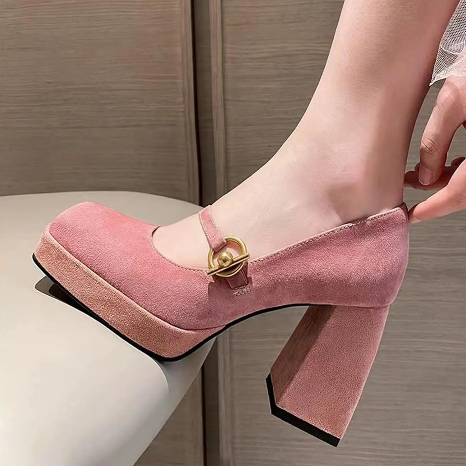 Women's Fashion Chunky Mary Jane Pumps with Round Buckle Vintage Suede Closed Square Toe Block High Heel Platform Pumps Comfort Wedding Dress Evening Party Shoes