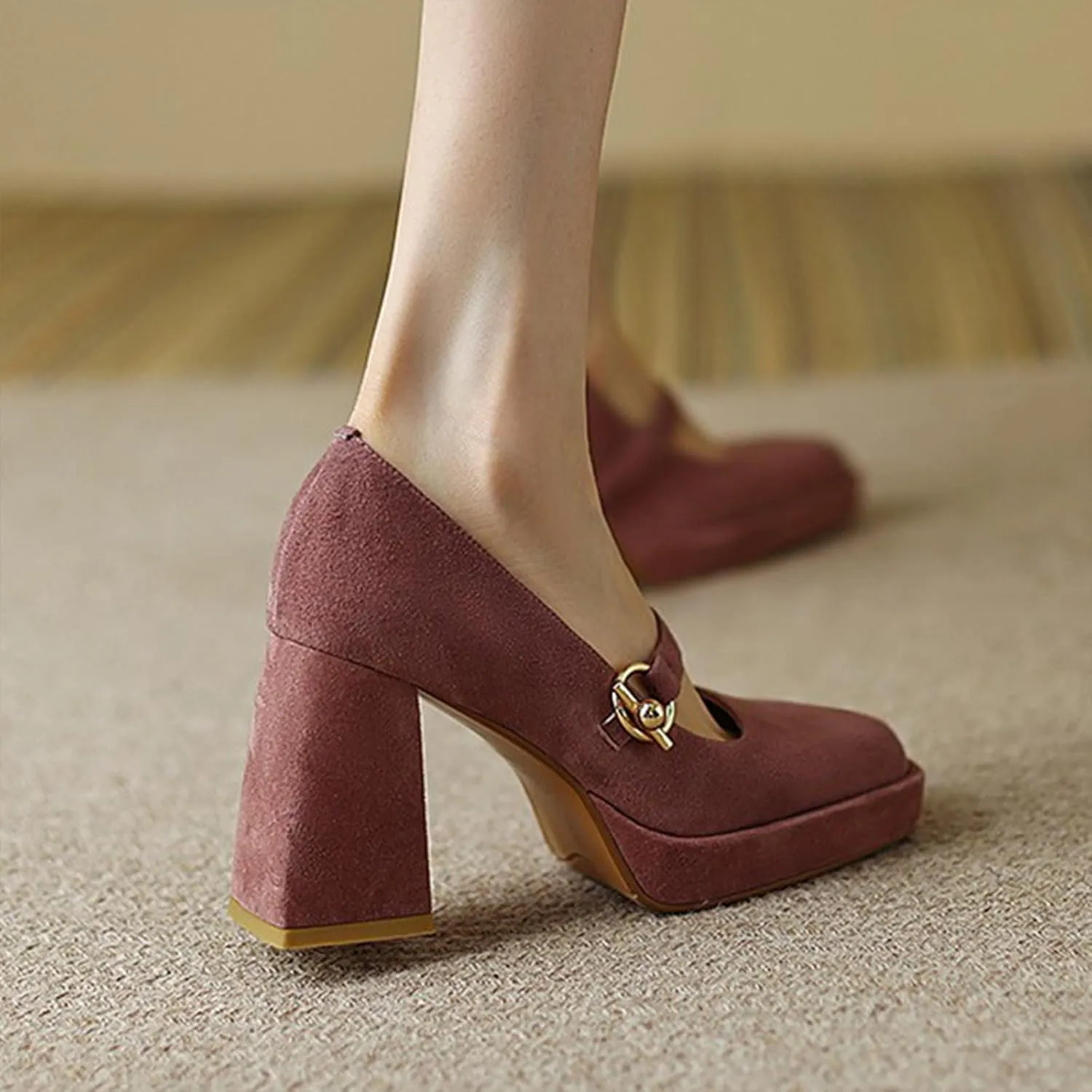 Women's Fashion Chunky Mary Jane Pumps with Round Buckle Vintage Suede Closed Square Toe Block High Heel Platform Pumps Comfort Wedding Dress Evening Party Shoes