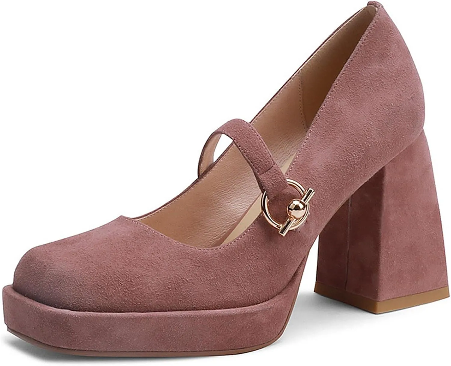 Women's Fashion Chunky Mary Jane Pumps with Round Buckle Vintage Suede Closed Square Toe Block High Heel Platform Pumps Comfort Wedding Dress Evening Party Shoes