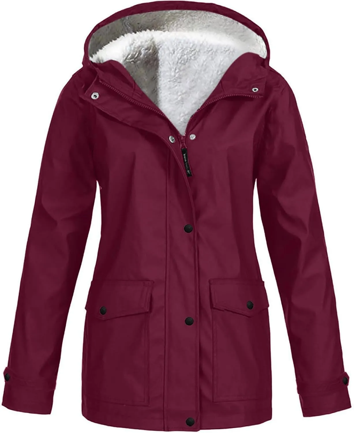 Women's Fleece Lined Rain Jacket Lightweight Waterproof Rain Jackets Casual Zip Hooded Hiking Travel Trench Coats