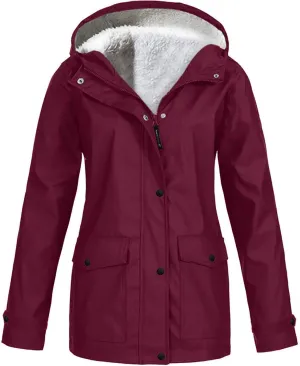 Women's Fleece Lined Rain Jacket Lightweight Waterproof Rain Jackets Casual Zip Hooded Hiking Travel Trench Coats