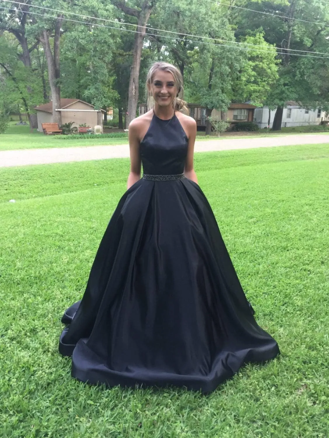 Women's Halter A-line Beaded Satin Evening Prom Dress Long Formal Gown with Pockets