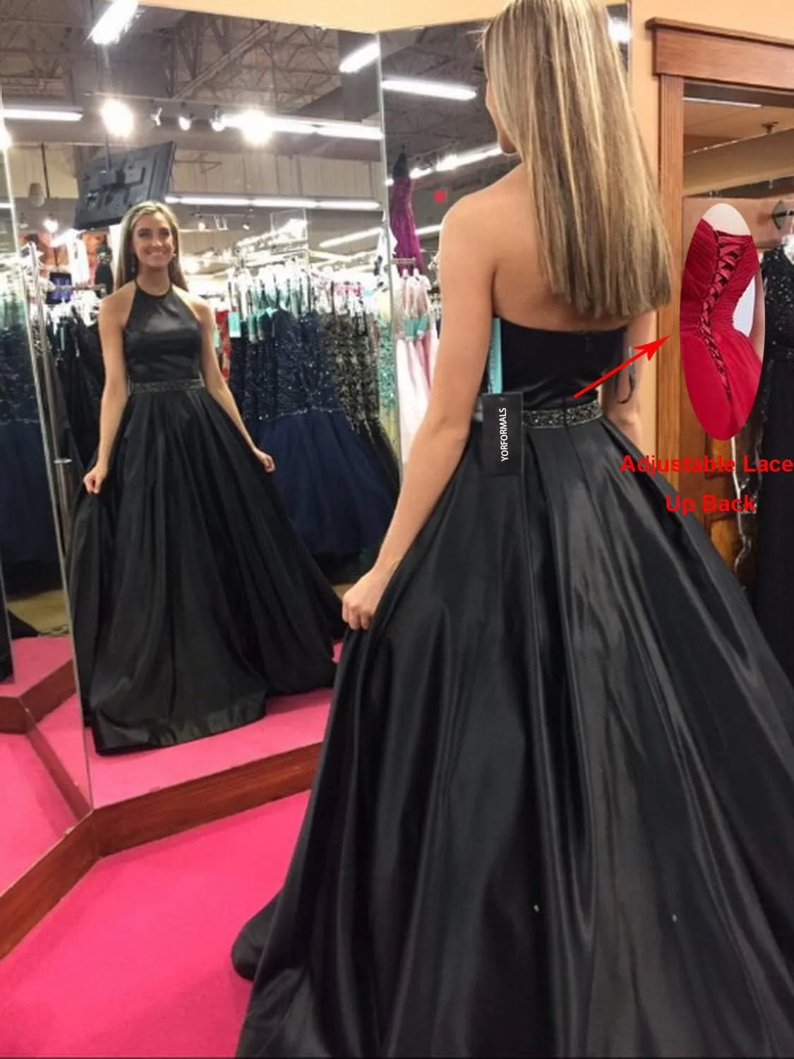Women's Halter A-line Beaded Satin Evening Prom Dress Long Formal Gown with Pockets