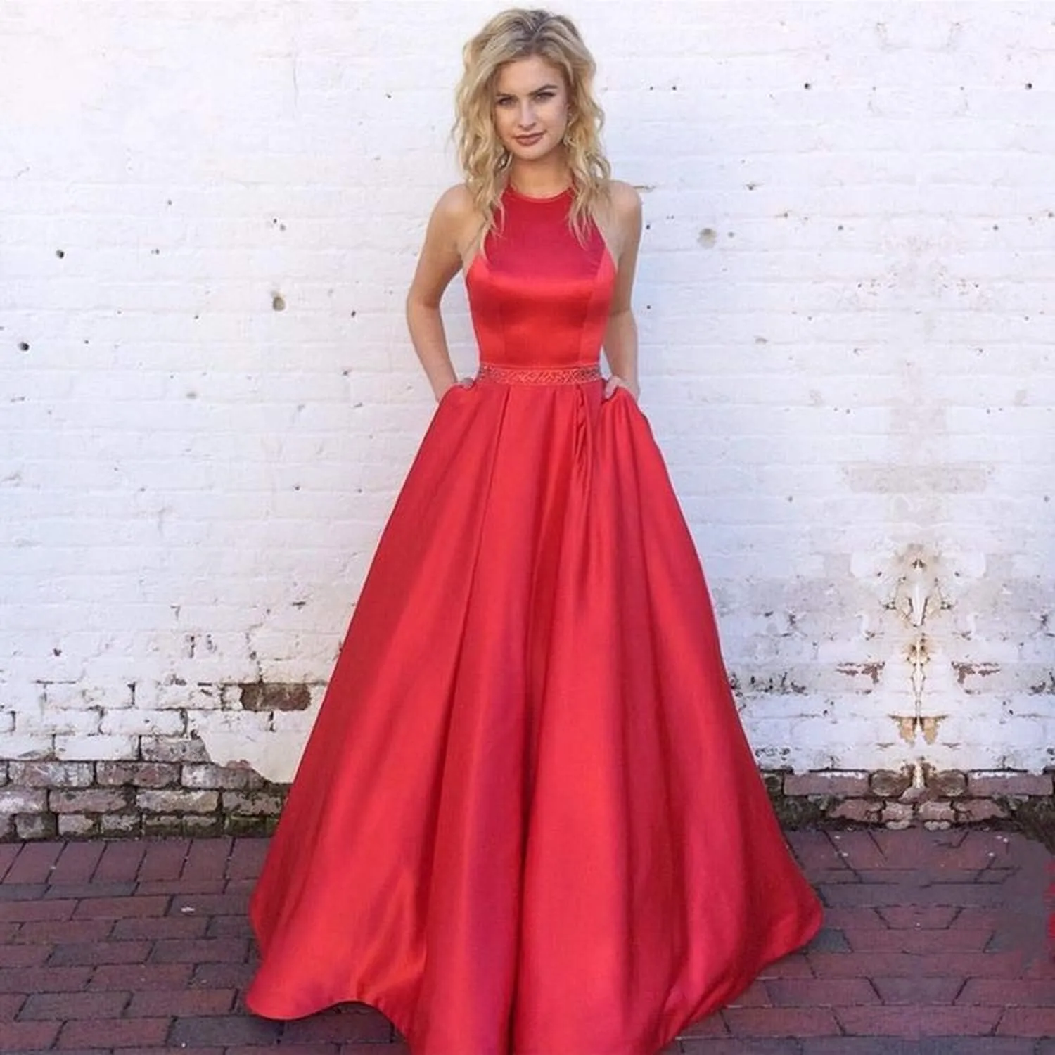Women's Halter A-line Beaded Satin Evening Prom Dress Long Formal Gown with Pockets