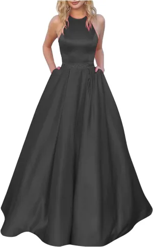 Women's Halter A-line Beaded Satin Evening Prom Dress Long Formal Gown with Pockets