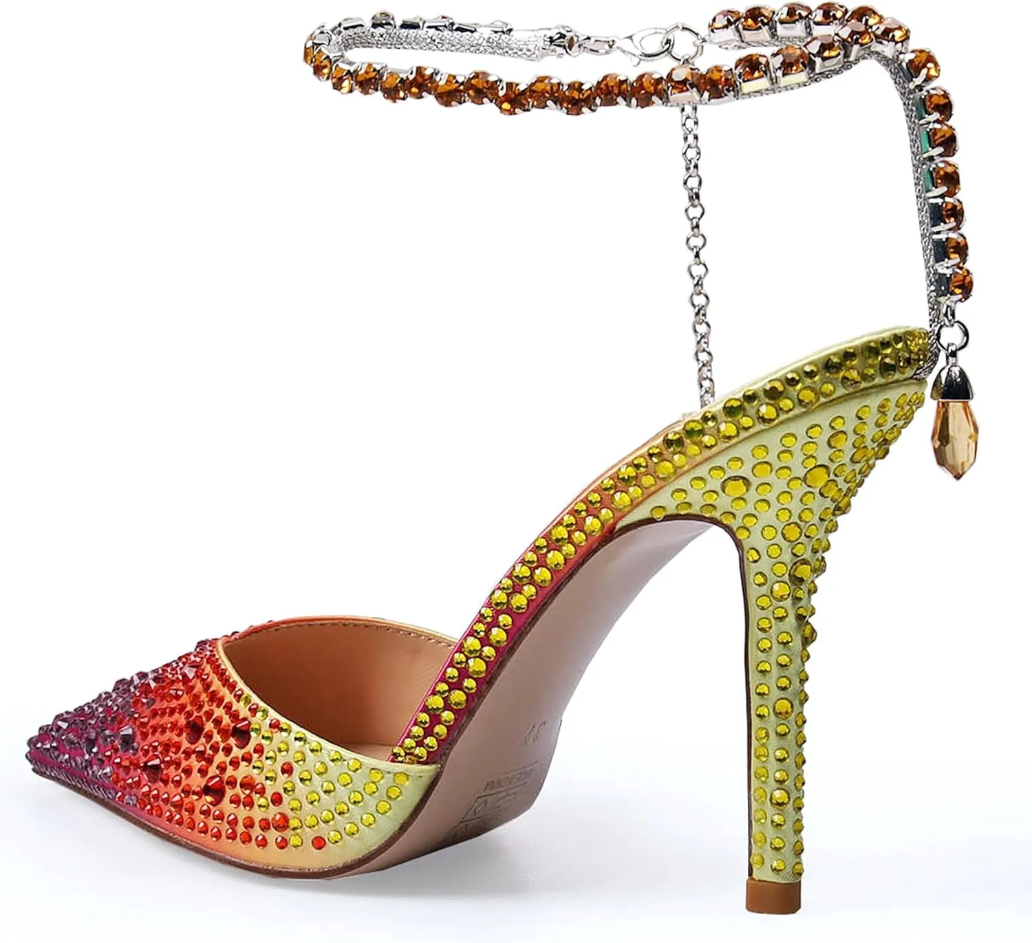 Women's Heeled Sandals Crystal Chain Ankle Straps Rhinestones Buckle High Heels Stiletto Slip On Wedding Party Satin Dress Shoes 3.9 IN
