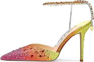 Women's Heeled Sandals Crystal Chain Ankle Straps Rhinestones Buckle High Heels Stiletto Slip On Wedding Party Satin Dress Shoes 3.9 IN
