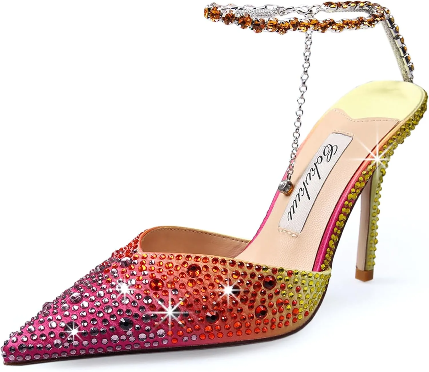 Women's Heeled Sandals Crystal Chain Ankle Straps Rhinestones Buckle High Heels Stiletto Slip On Wedding Party Satin Dress Shoes 3.9 IN