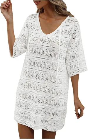 Women's Lace Crochet Mini Dress Summer Hollow Out Half Sleeve Sundress Knitted Bathing Suit Swimwear Cover Ups