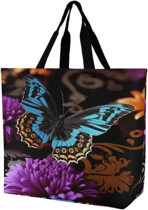 Women's Large-capacity Shoulder Shopping Bag Reusable Foldable Shopping Bags Butterfly on Beautiful Flower Beach Bag